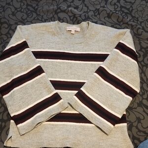 Philosophy Women's Gray and Burgundy Striped Crewneck Sweater